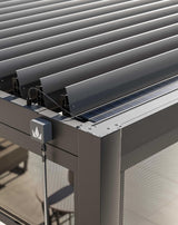 Close up of aluminium pergola louvre roof with solar panel and integrated electric control