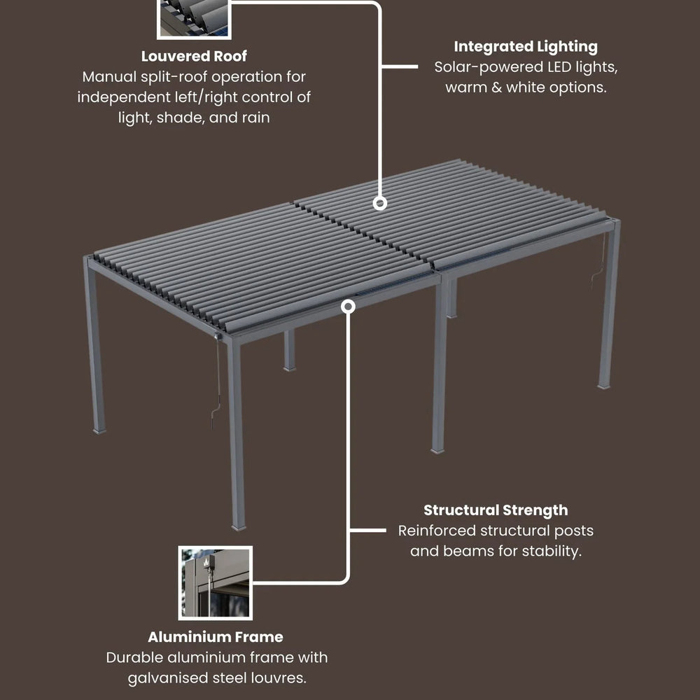 Aluminium louvered pergola with adjustable roof, integrated LED lighting and reinforced posts