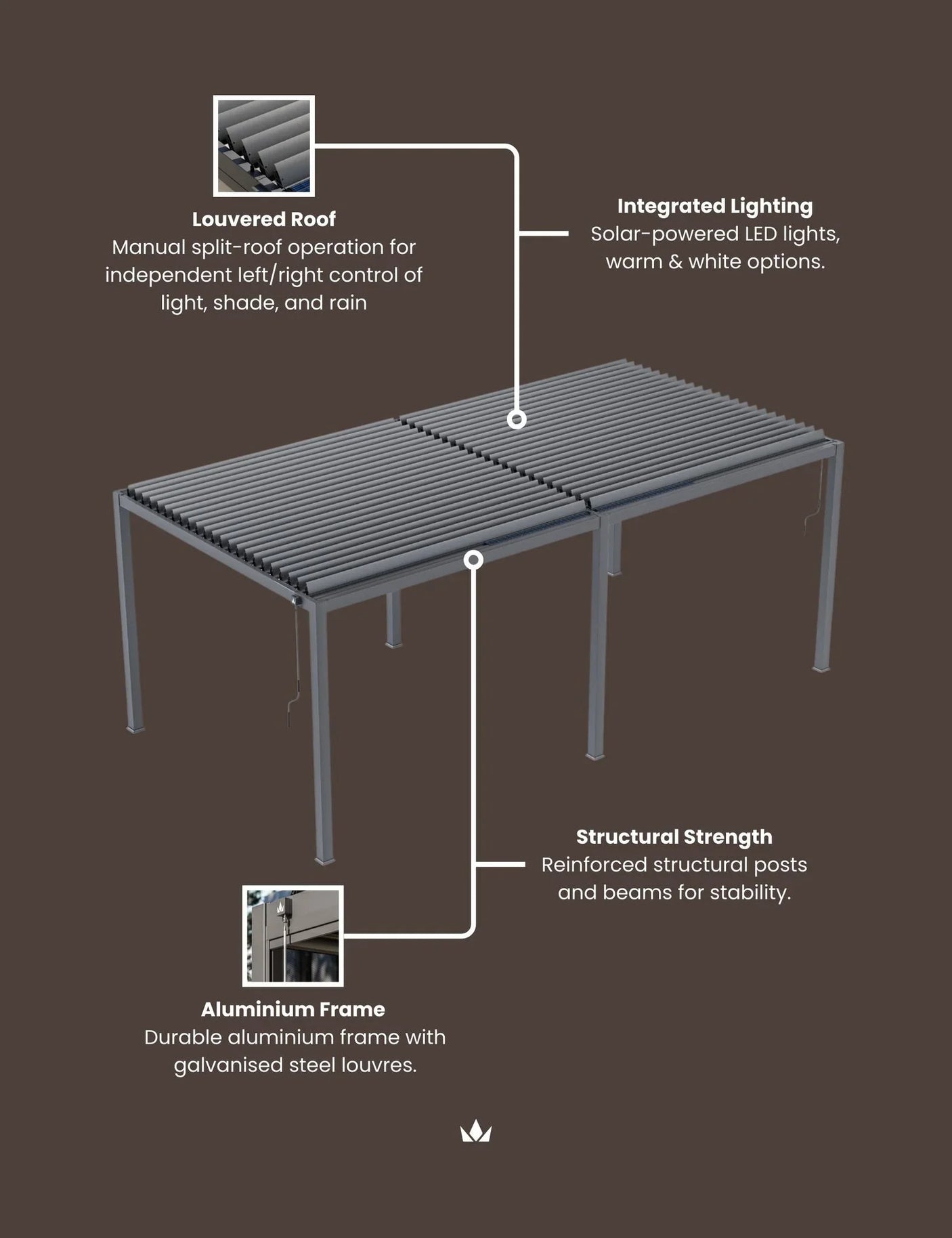 Aluminium louvered pergola with adjustable roof, integrated LED lighting and reinforced posts
