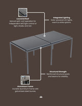 Aluminium louvered pergola with adjustable roof, integrated LED lighting and reinforced posts