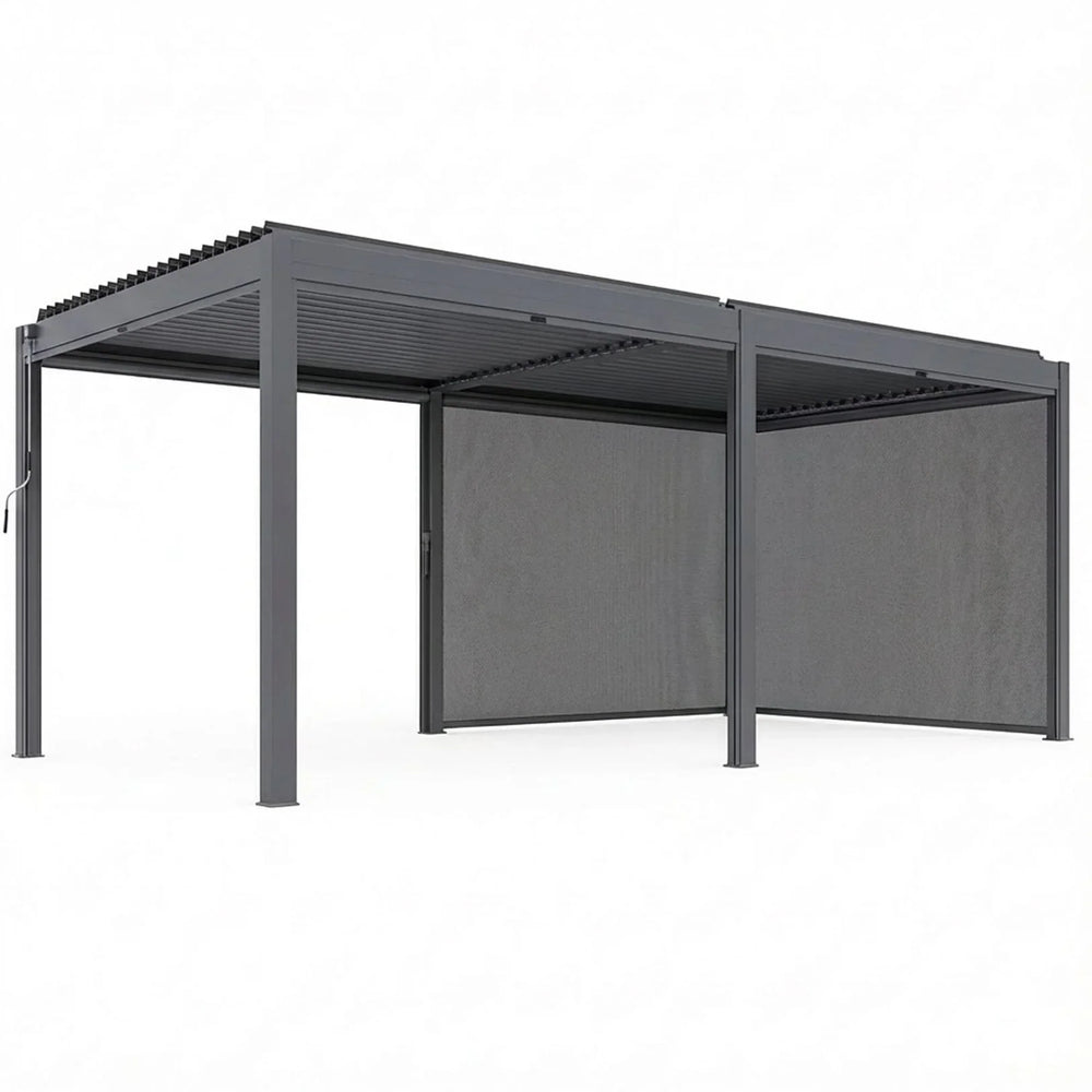 Grey aluminum pergola with louvered roof and side screens, shown at an angle