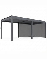 Grey aluminum pergola with louvered roof and side screens, shown at an angle