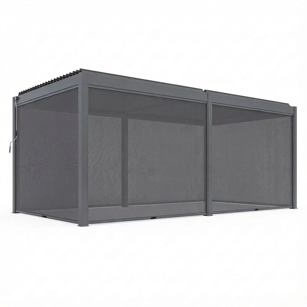 Grey metal pergola with mesh side panels and adjustable louvre roof, angled exterior view