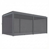 Grey metal pergola with mesh side panels and adjustable louvre roof, angled exterior view