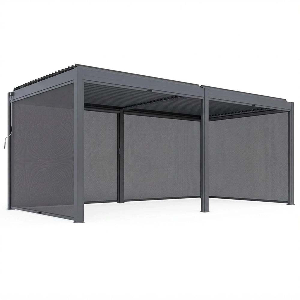 Grey aluminum pergola with retractable side screens and louvered roof, angled outdoor view
