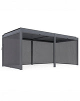 Grey aluminum pergola with retractable side screens and louvered roof, angled outdoor view