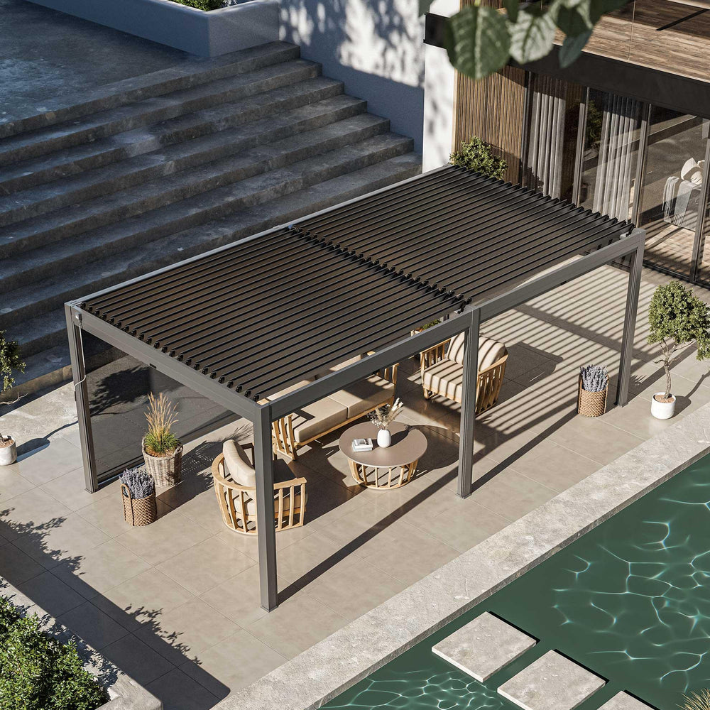 Modern outdoor pergola with louvered roof, patio furniture and poolside seating area