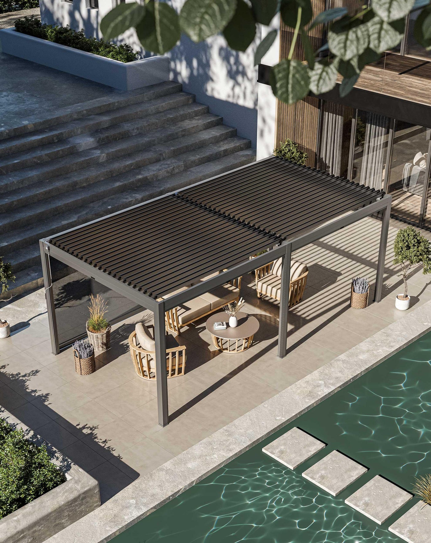 Modern outdoor pergola with louvered roof, patio furniture and poolside seating area