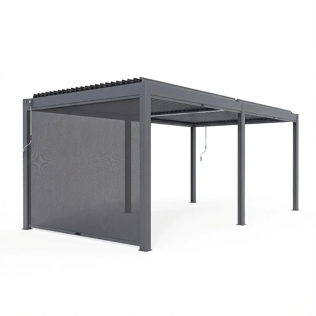Grey outdoor aluminum pergola with adjustable louvered roof and mesh side screen