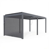 Grey outdoor aluminum pergola with adjustable louvered roof and mesh side screen