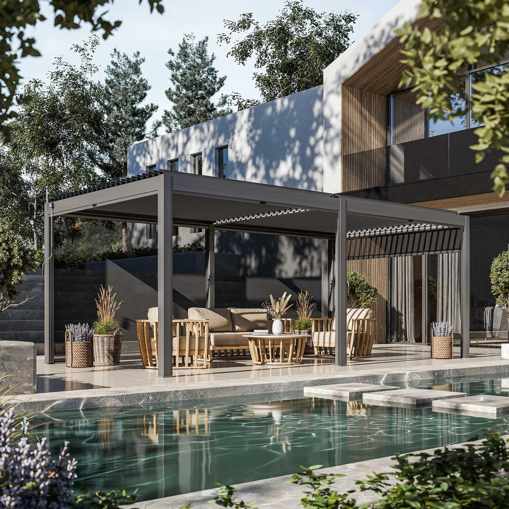 Modern outdoor pergola with beige garden sofa set beside pool and wooden coffee tables