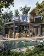 Modern outdoor pergola with beige garden sofa set beside pool and wooden coffee tables