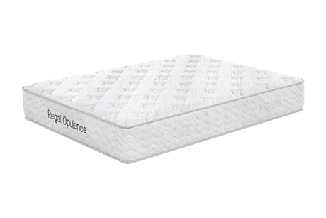 A white quilted mattress shown at an angle on a plain white background, with the brand name 'Regal Opulence' printed on the side.