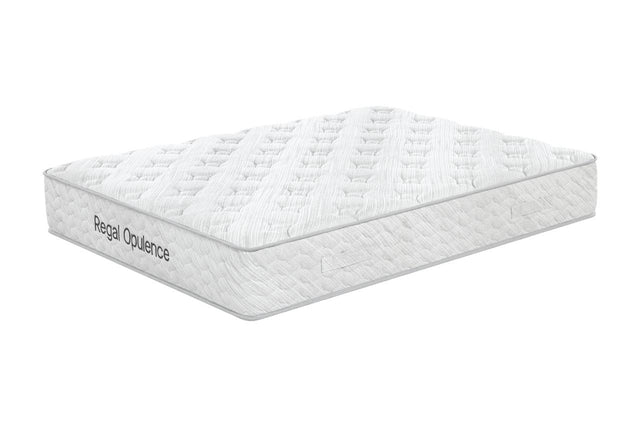A white quilted mattress shown at an angle on a plain white background, with the brand name 'Regal Opulence' printed on the side.