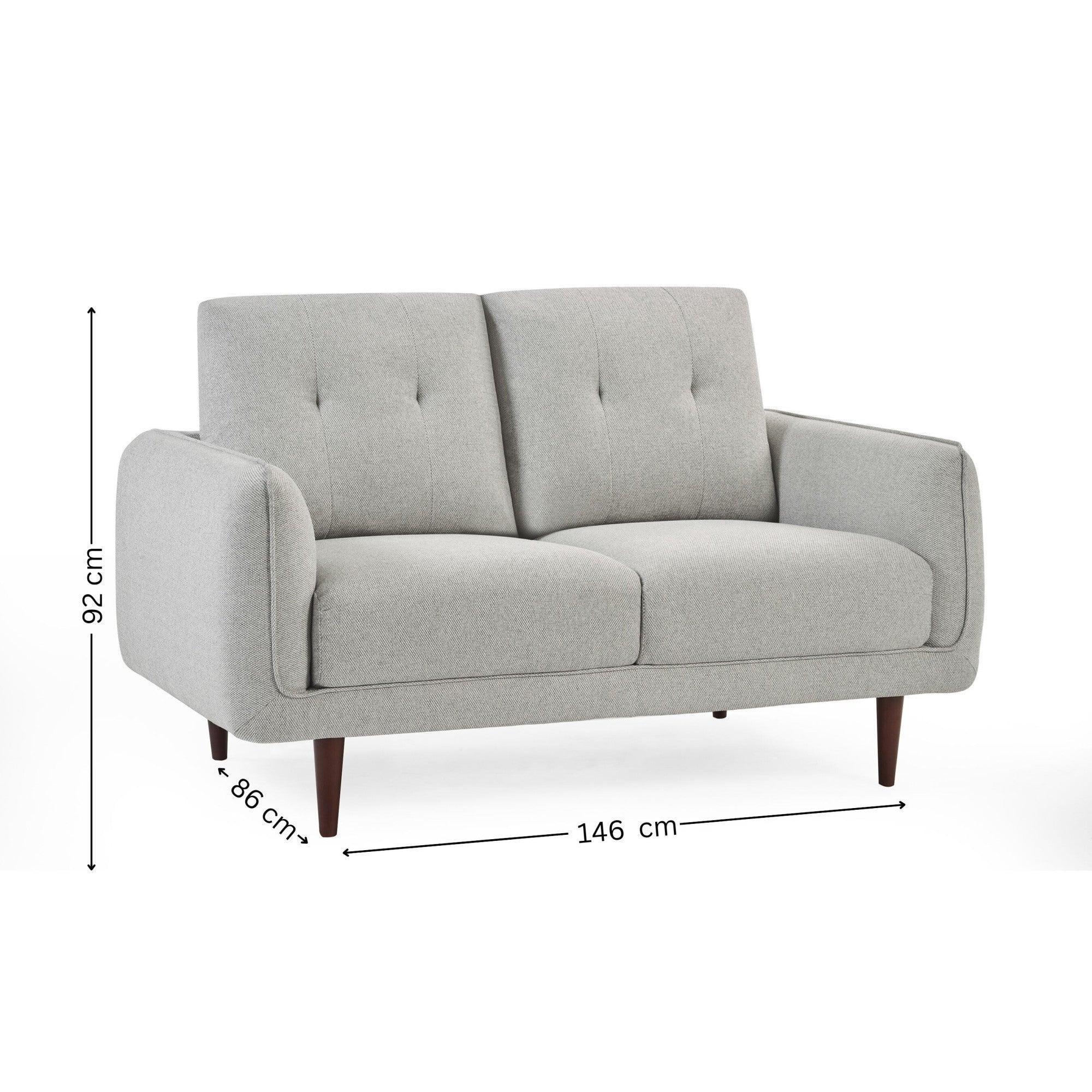 Light grey two seater sofa with measurements, wooden legs, tufted back cushions