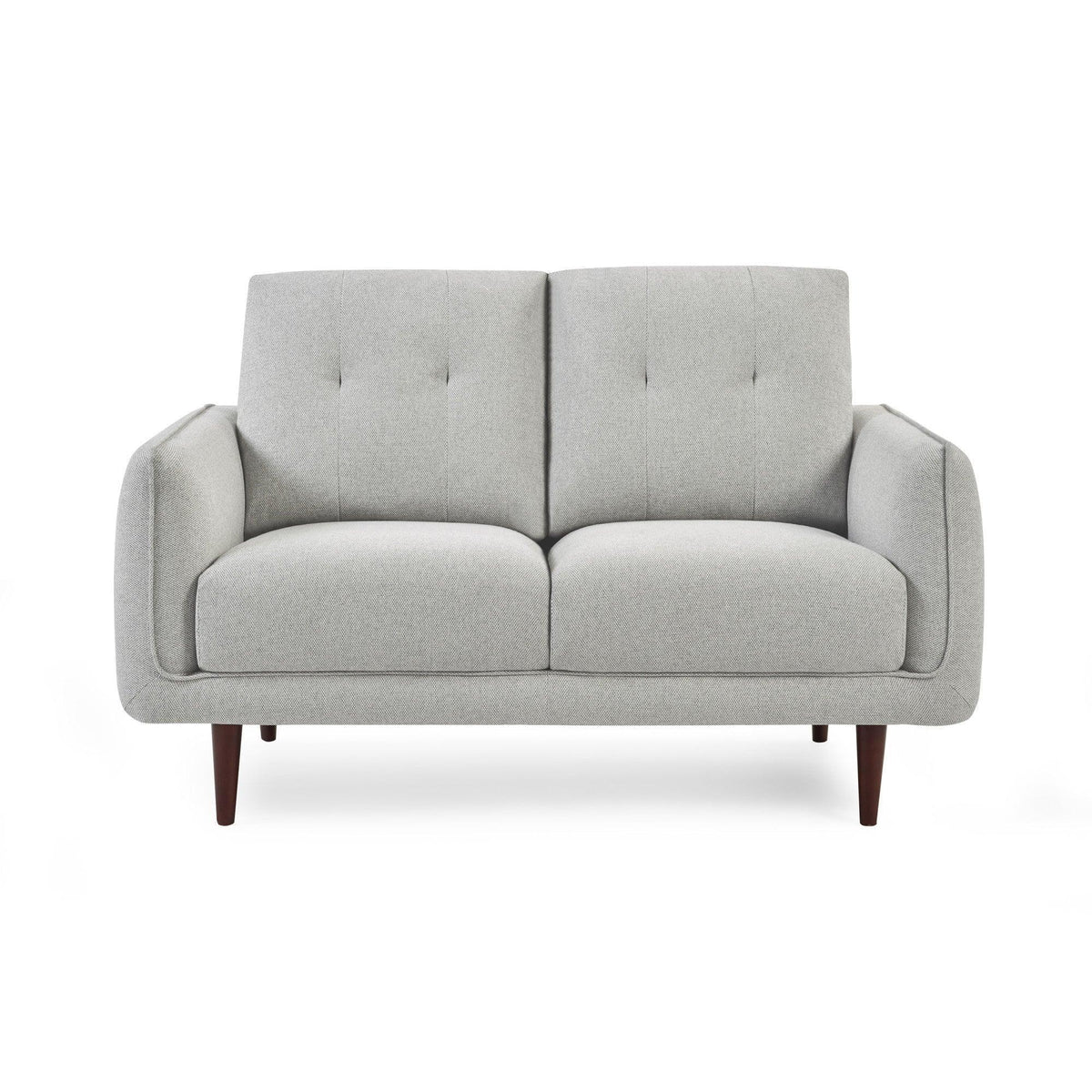 Light grey fabric sofa with button-tufted backrest and wooden legs, front view