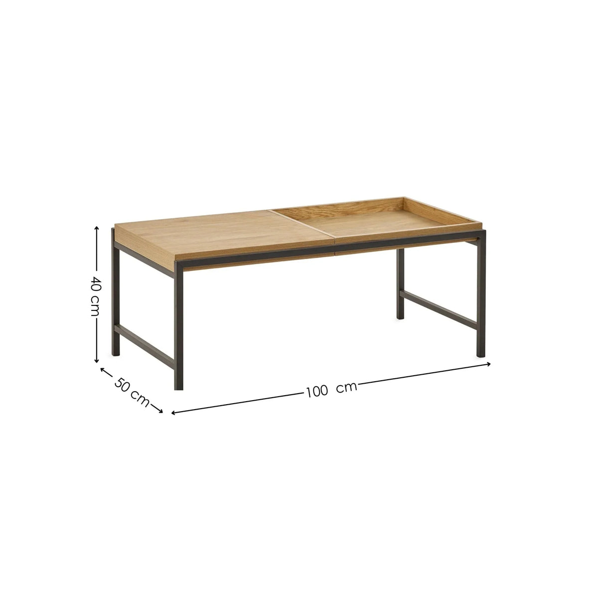 Rectangular oak coffee table with black metal frame and dimensions 100x50x40 cm