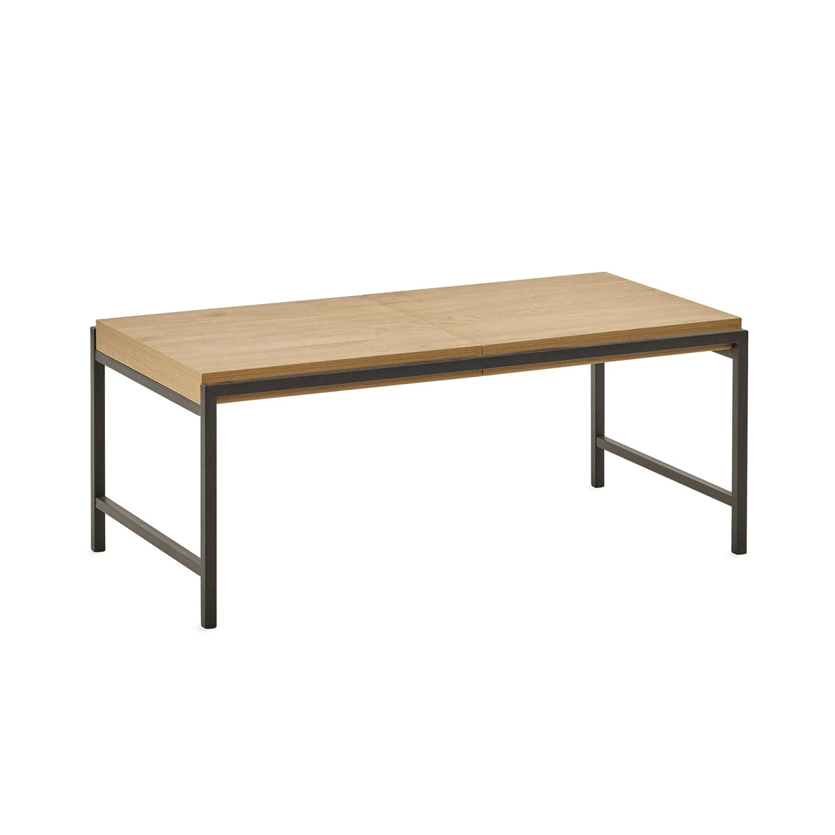 Rectangular oak dining table with black metal frame and minimalist design