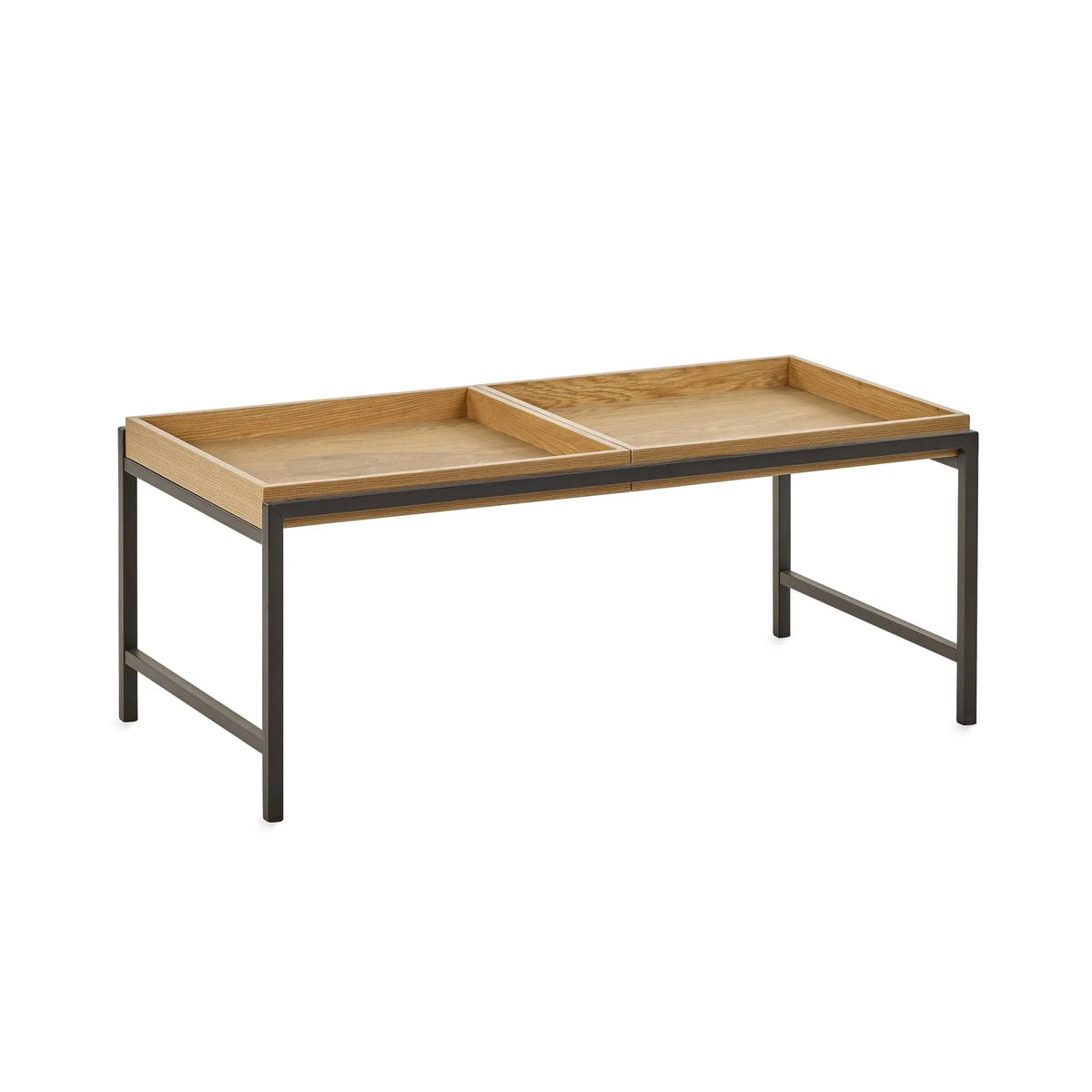 Rectangular oak coffee table with raised edges and black metal legs, angled front view