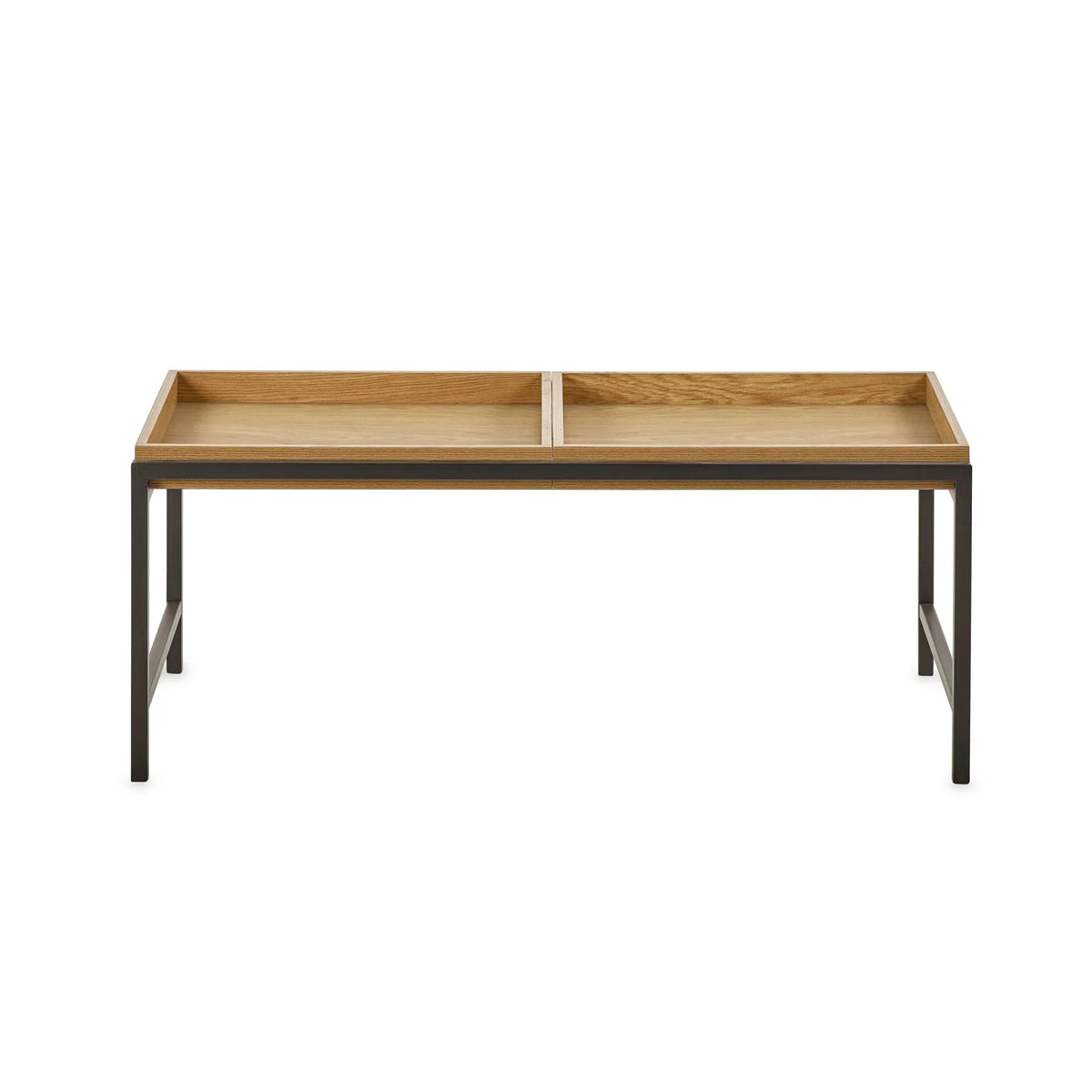 Rectangular wooden coffee table with black metal frame and divided top compartments
