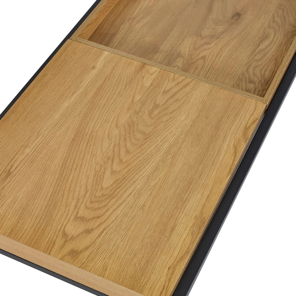 Rectangular oak dining table top with natural wood grain and black edge detail