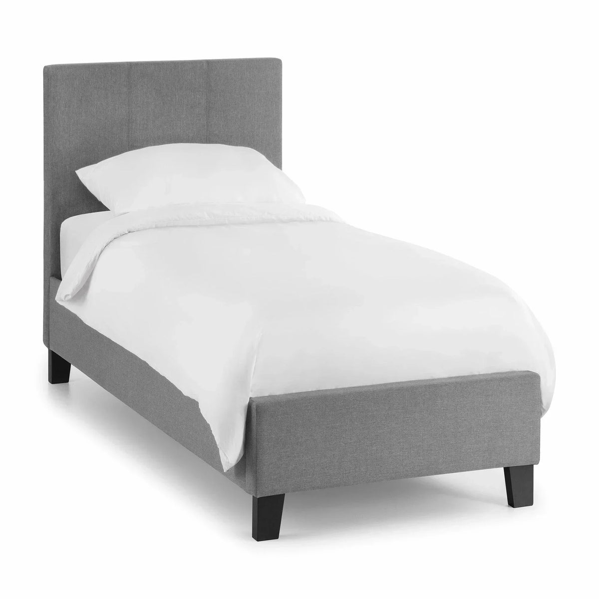 Light grey linen single bed with upholstered headboard and black wooden legs