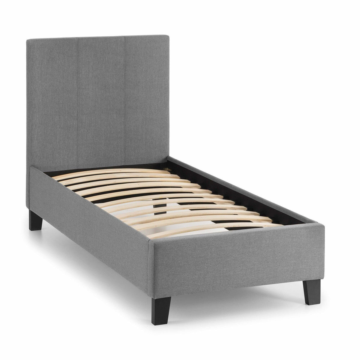 Light grey linen single bed frame with slatted base and tall headboard