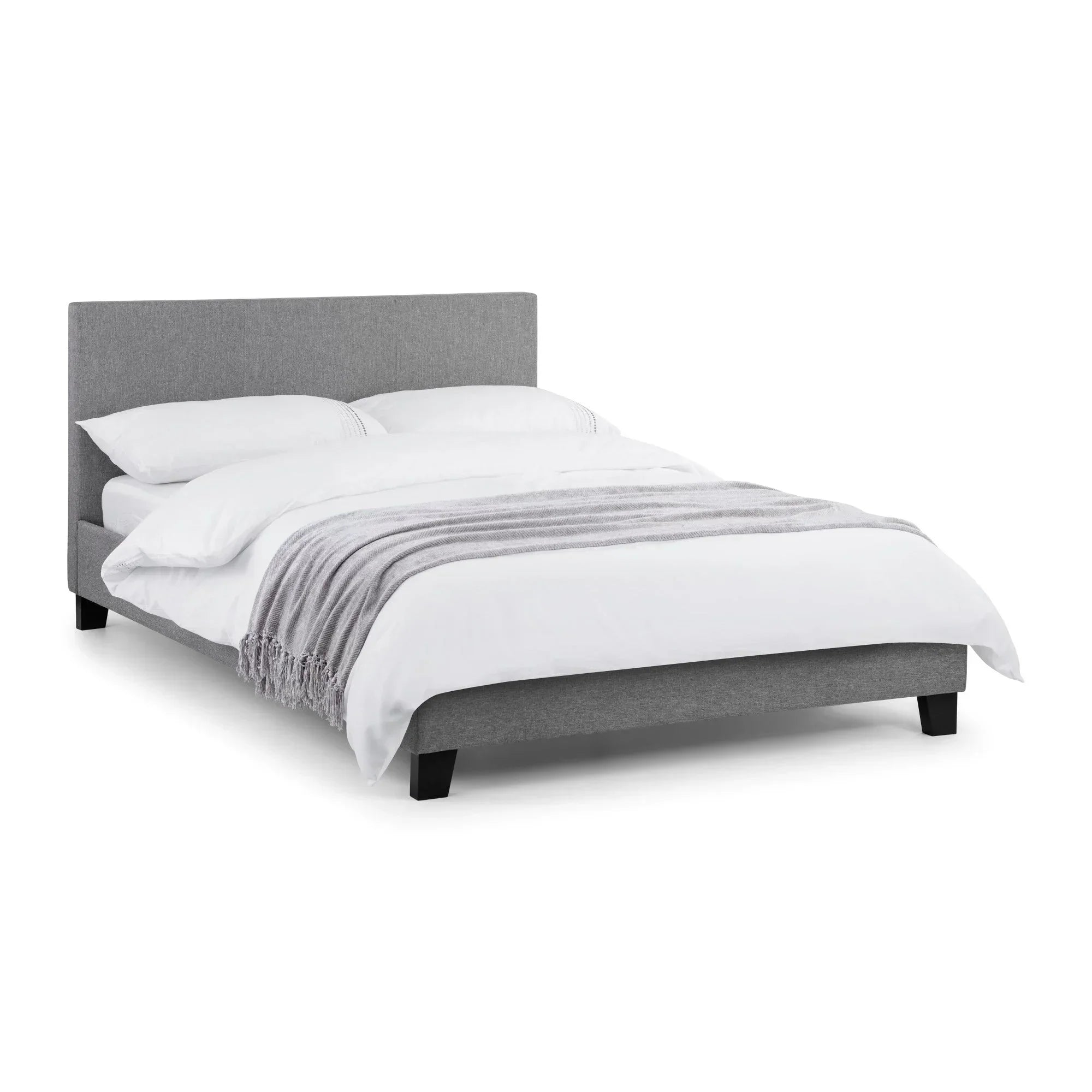 Rialto linen double bed in light grey with headboard, white bedding, and grey throw blanket
