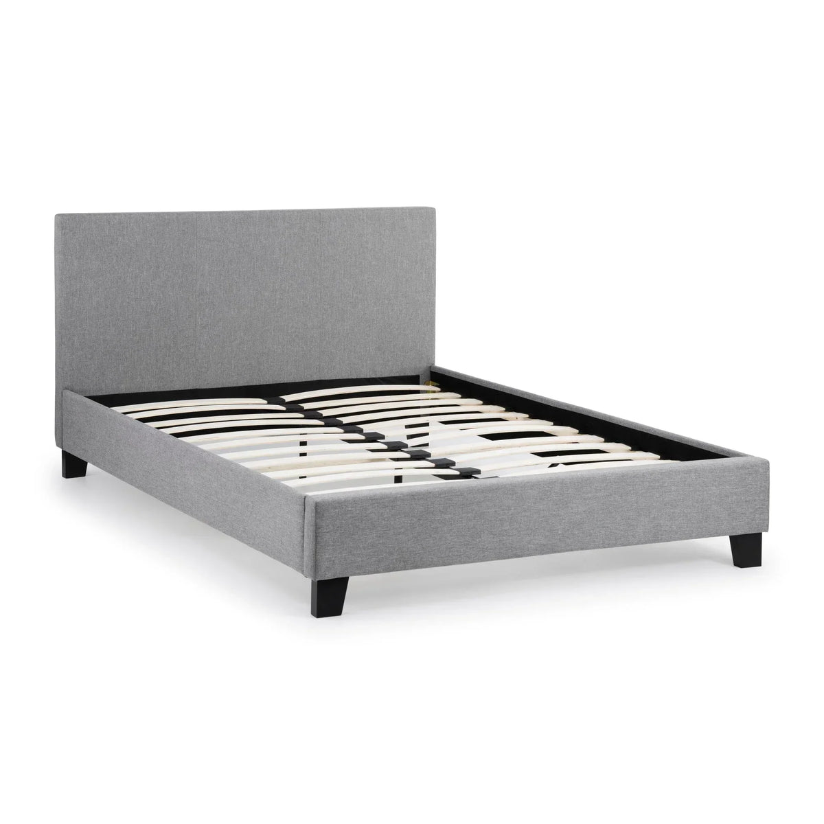 Light grey linen double bed frame with low headboard and wooden slats, angle view