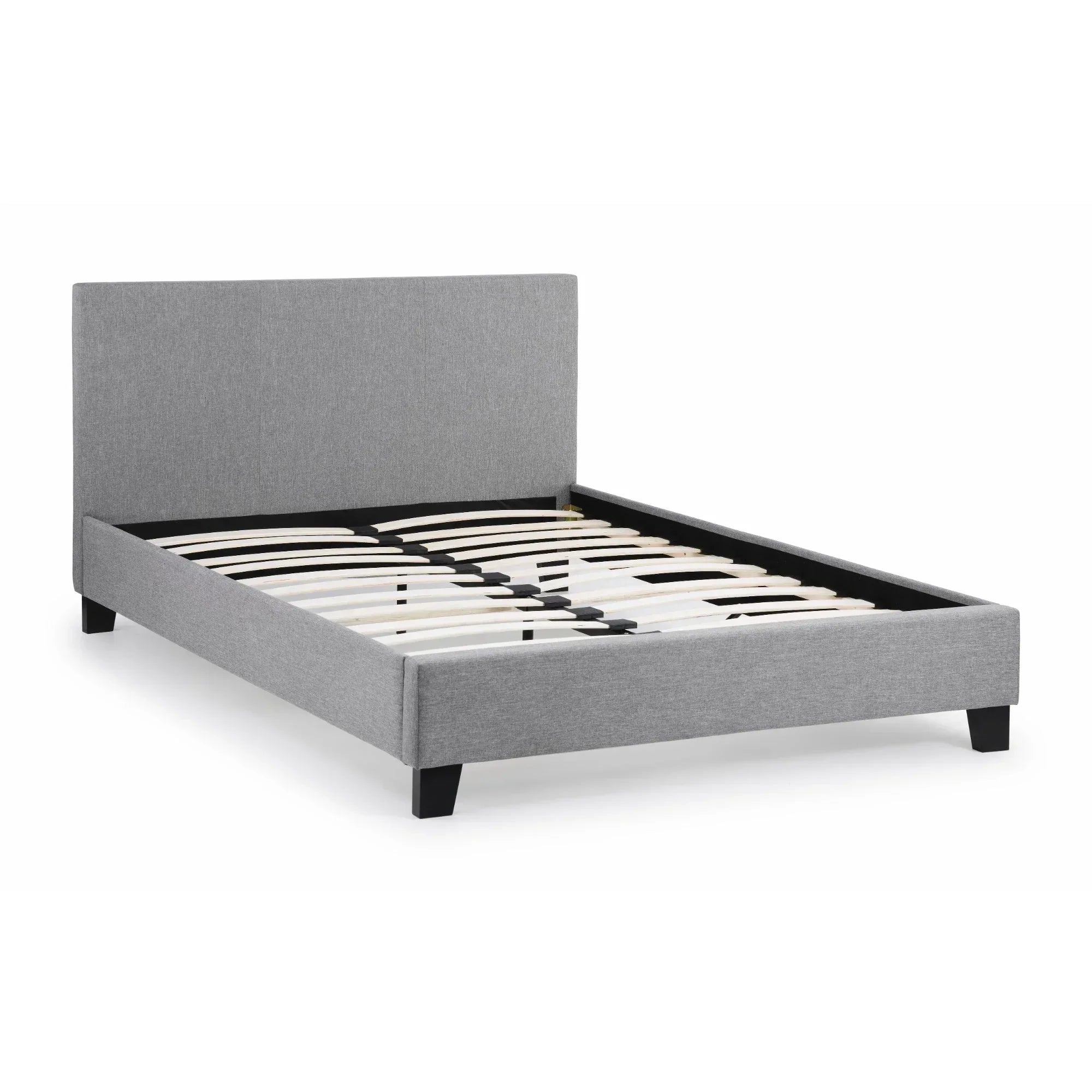 Light grey linen king bed frame with slatted base and panel headboard, angled view