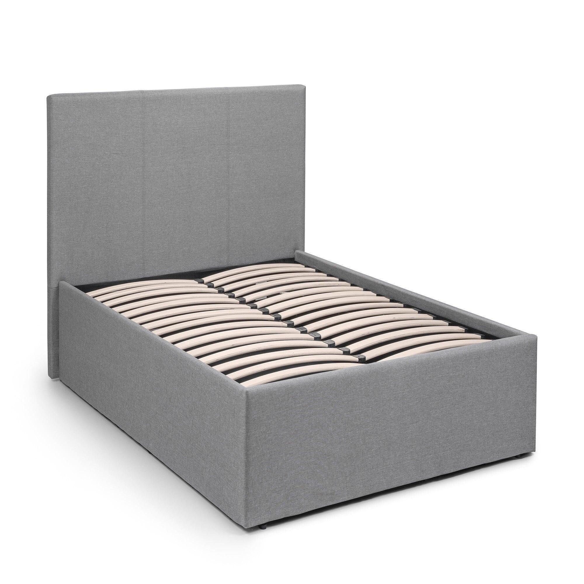 Grey lift-up storage bed frame with slatted base and tall upholstered headboard