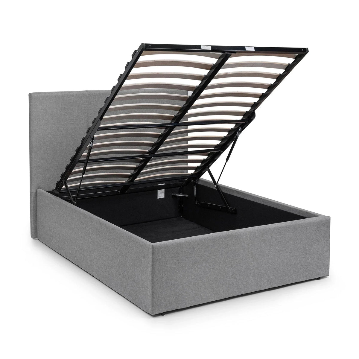 Grey lift-up storage bed frame with open ottoman base and slatted support platform