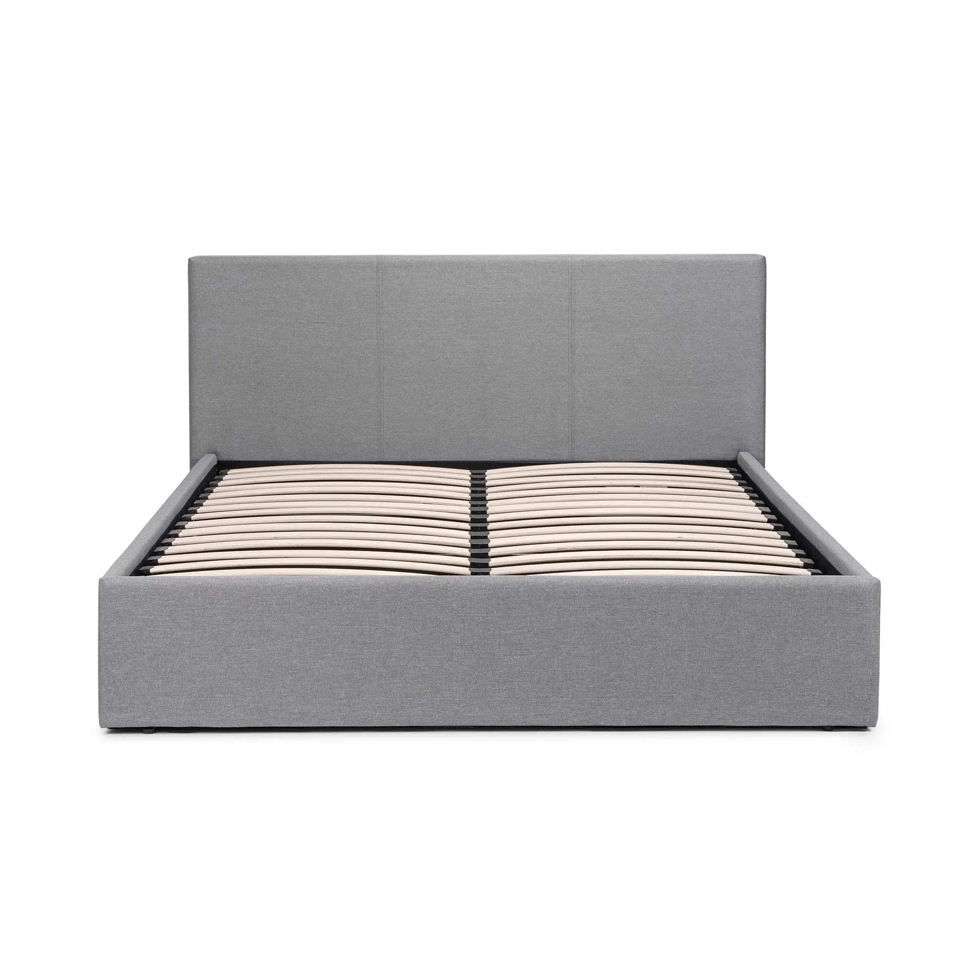 Grey upholstered storage bed frame with slatted base and tall headboard, front view