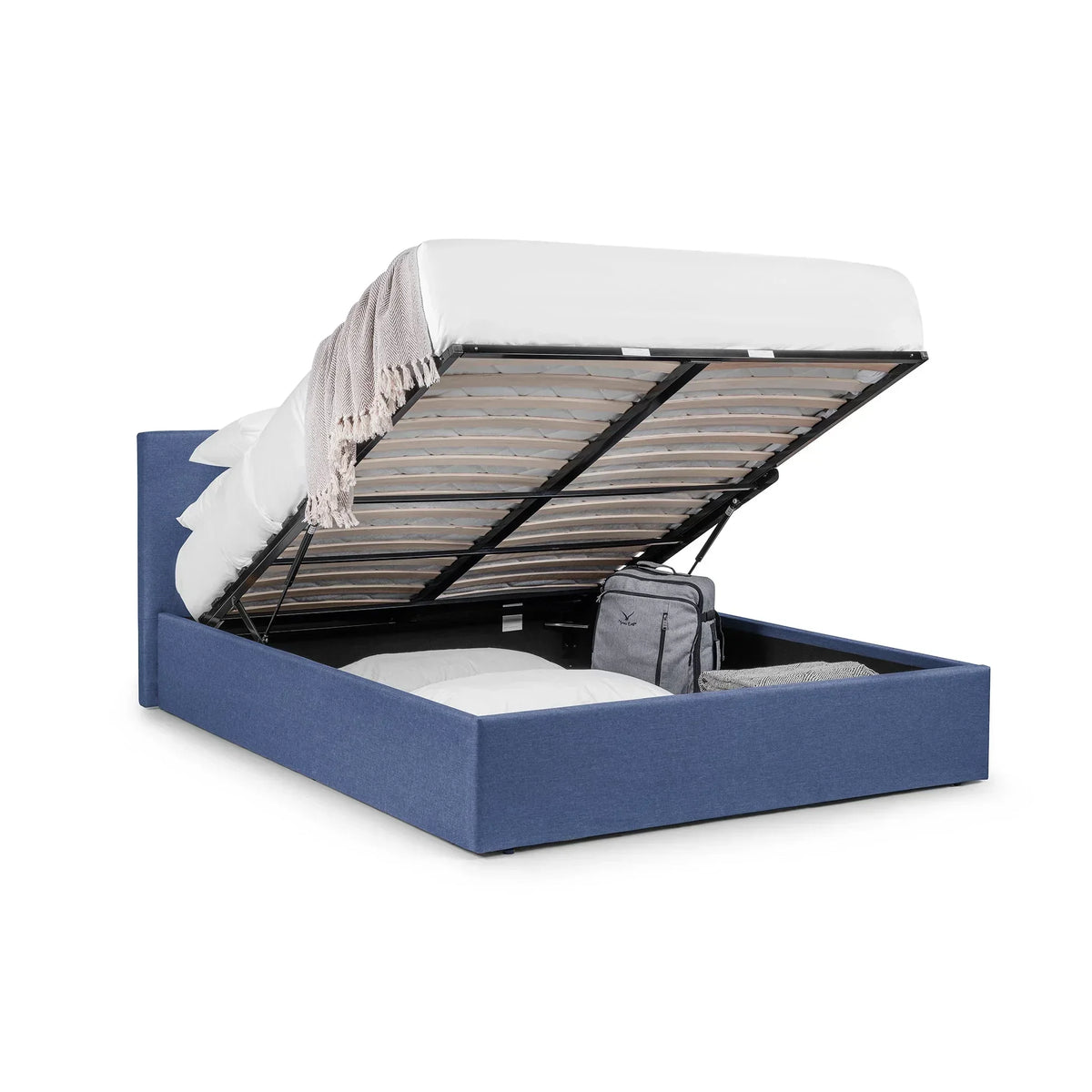 Blue lift-up storage bed frame with raised mattress and storage space underneath