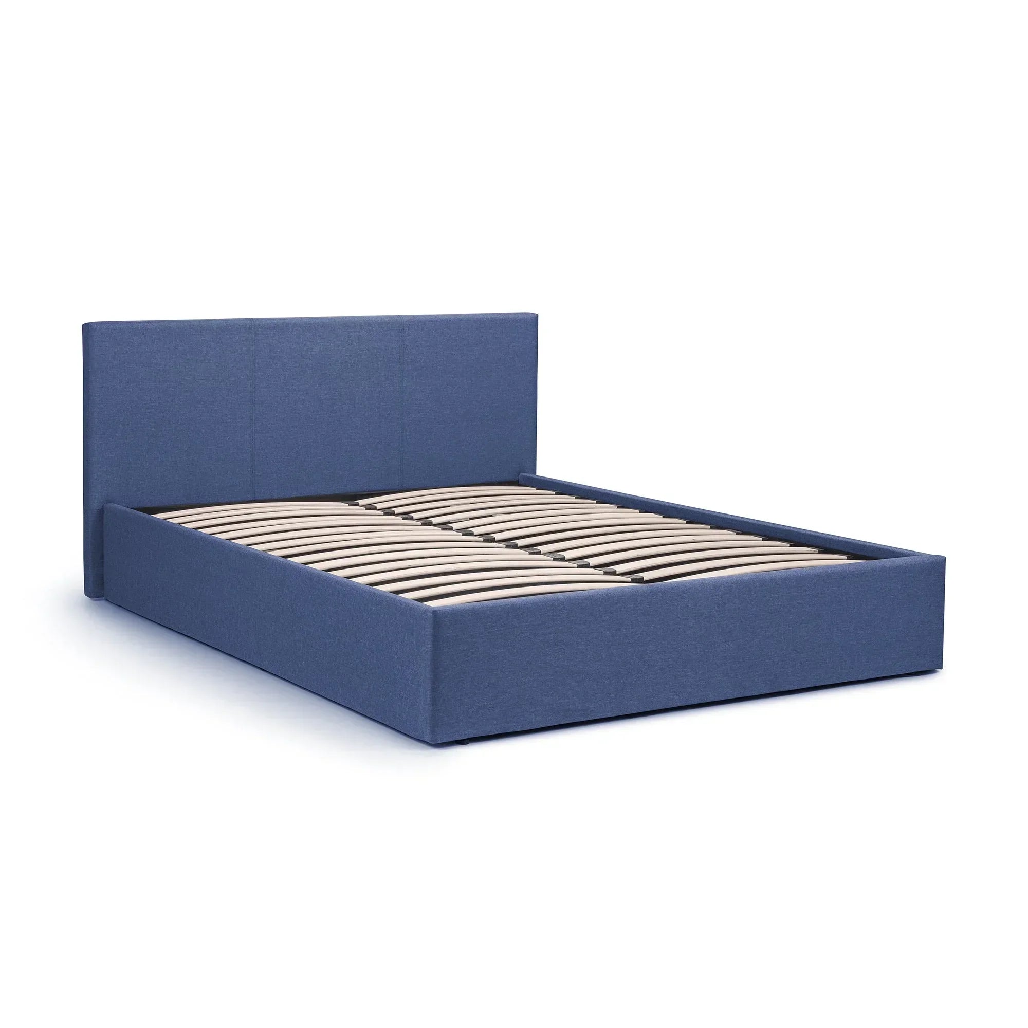 Blue upholstered lift-up storage bed frame with slatted base and tall headboard