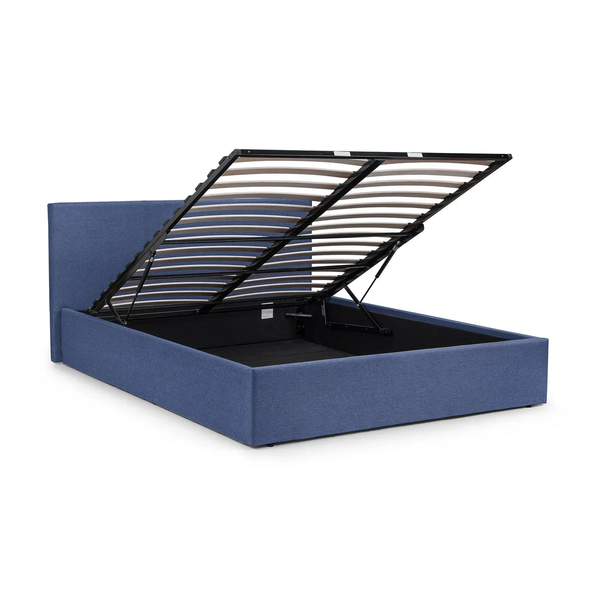 Blue lift-up storage bed with open ottoman section and sturdy headboard