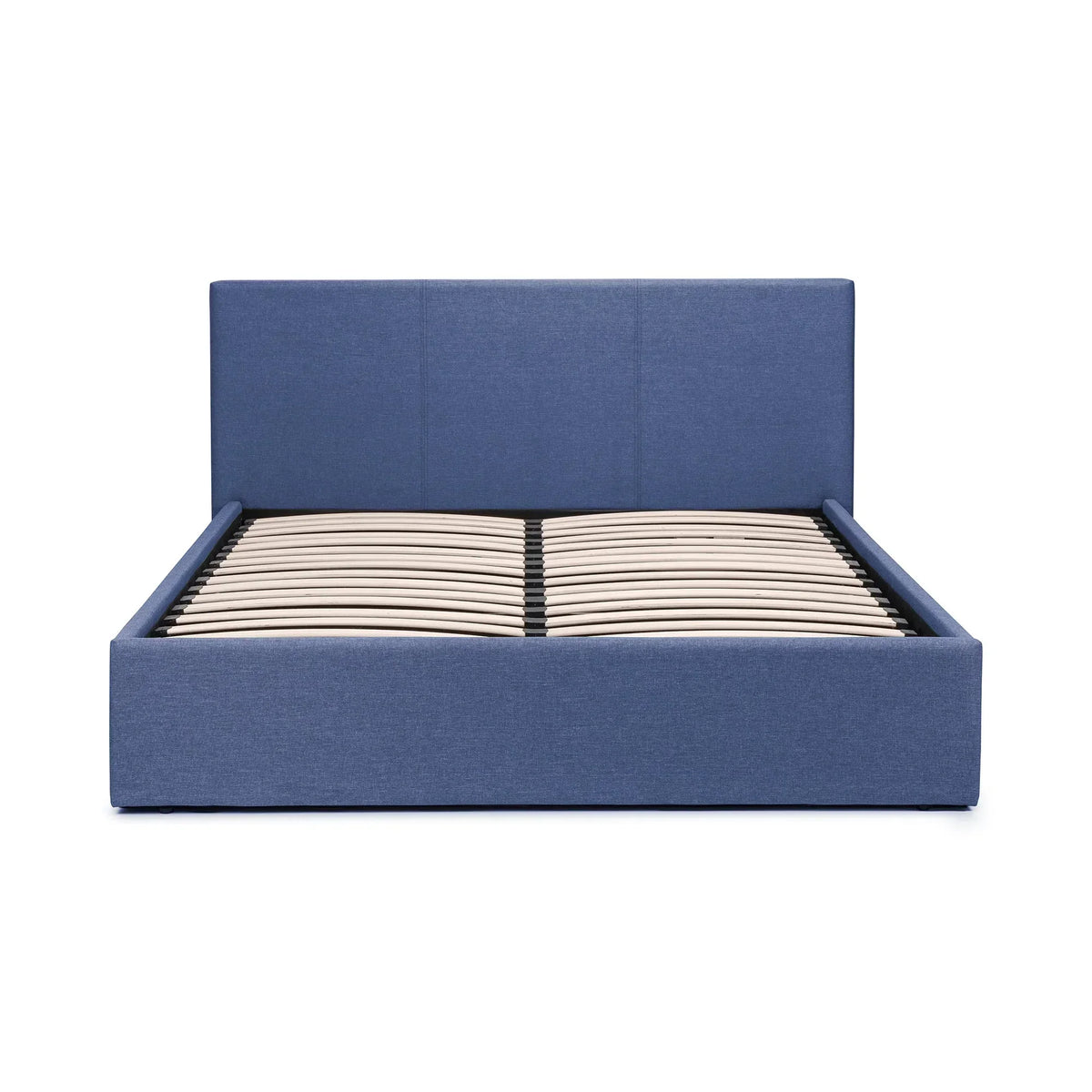 Blue upholstered storage bed frame with lift-up slatted base, front view