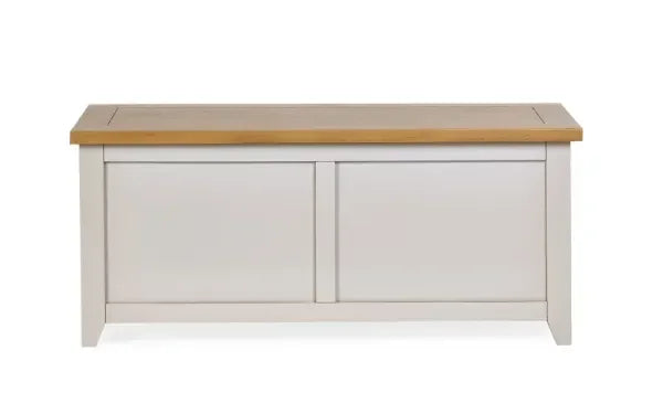 Cream storage bench with wooden seat and panelled front, shown from the front view