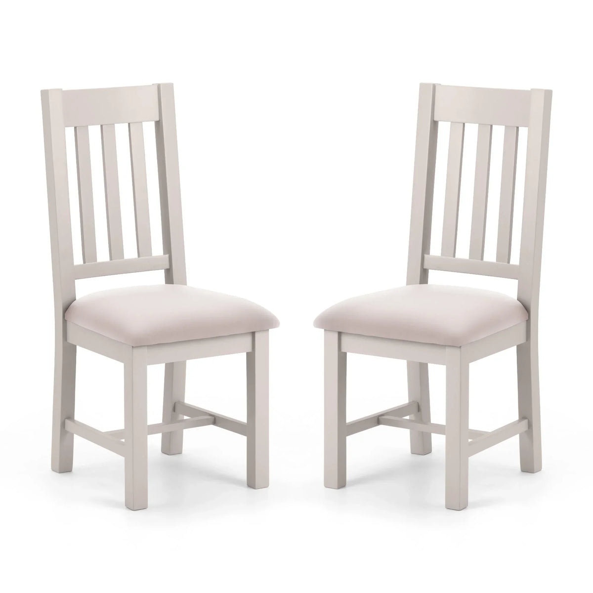 Pair of grey dining chairs with padded seats and slatted backs on white background