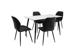 Modern dining set with four black velvet chairs and a rectangular white table