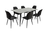 Rectangular grey dining table with six black upholstered chairs, modern metal legs