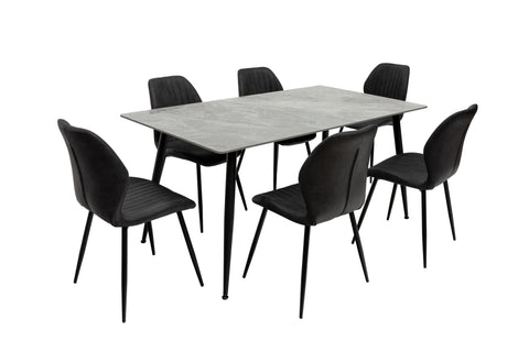 Grey marble dining table set with six black upholstered chairs and metal legs