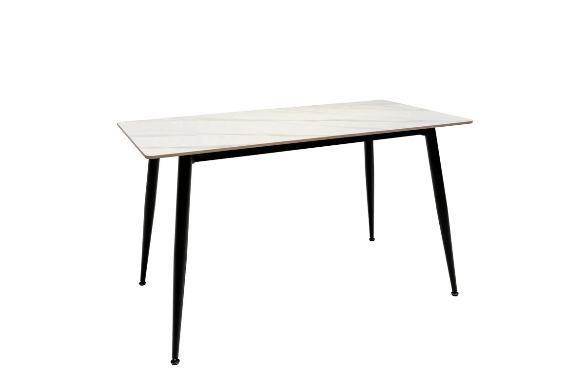 Rectangular dining table with white marble-effect top and black metal legs