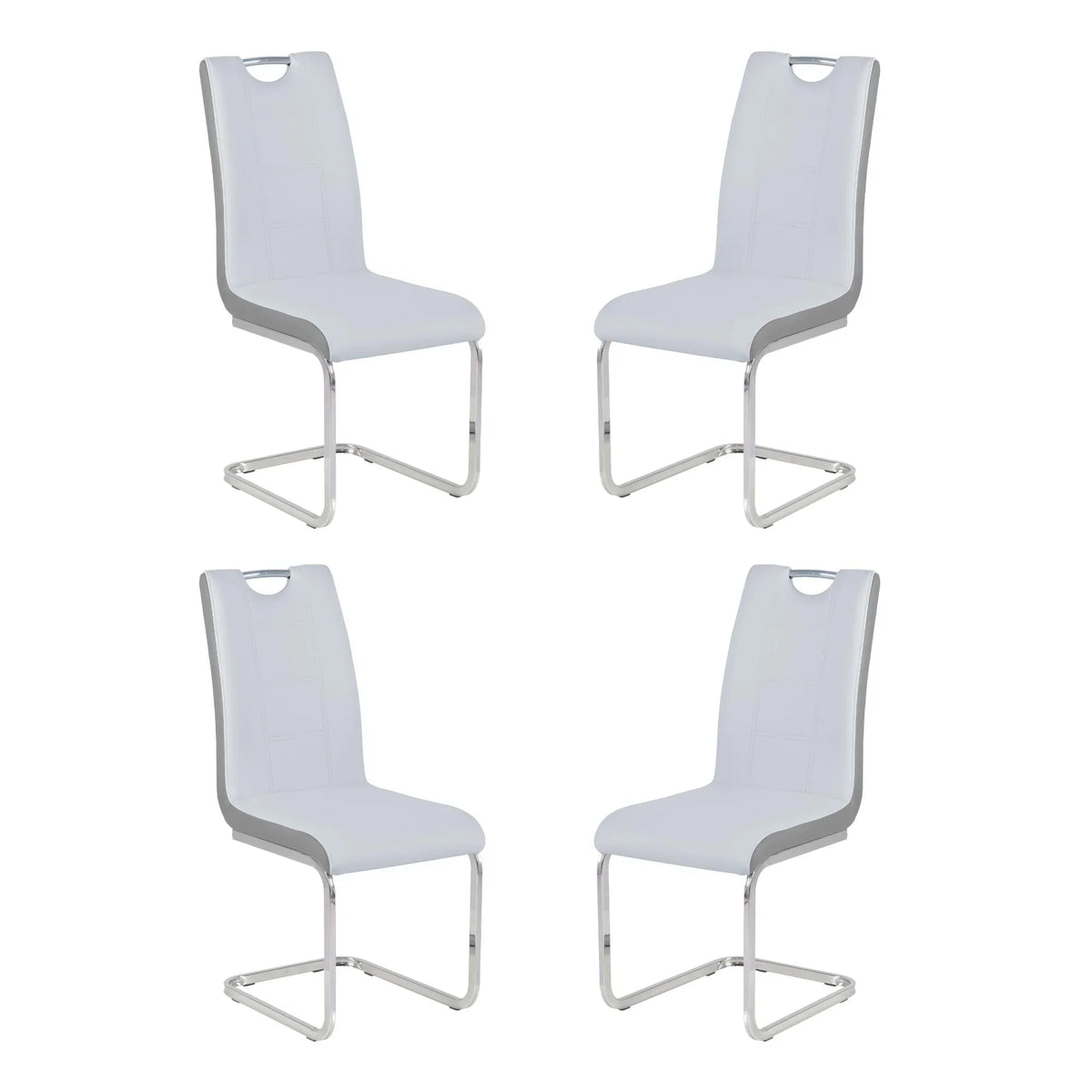Set of four white dining chairs with chrome cantilever legs and stitched backrest details
