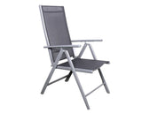 Grey outdoor folding chair with metal frame and mesh seat, angled side view