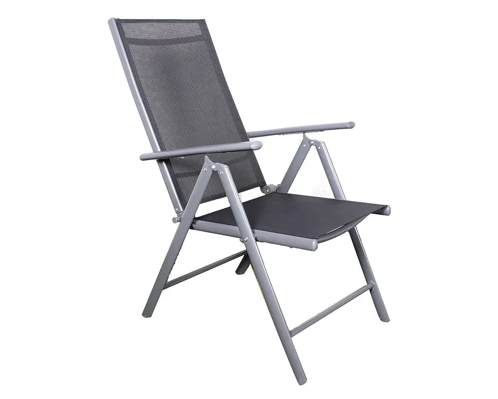 Grey mesh outdoor folding chair with metal frame, angled view on white background