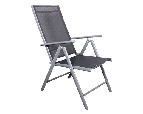 Grey mesh outdoor folding chair with metal frame, angled view on white background