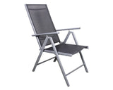 Grey mesh outdoor folding chair with metal frame, angled view on white background