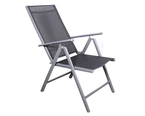 Grey metal folding garden chair with mesh seat and backrest angled to the side