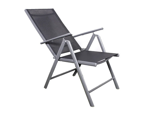 Black mesh outdoor folding chair with grey metal frame, angled view
